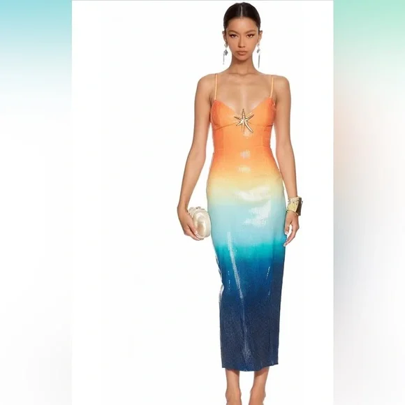 Sequin Gradient Sunset Beach Maxi Dress w/ Gold Starfish Emblem - Picture 2 of 5